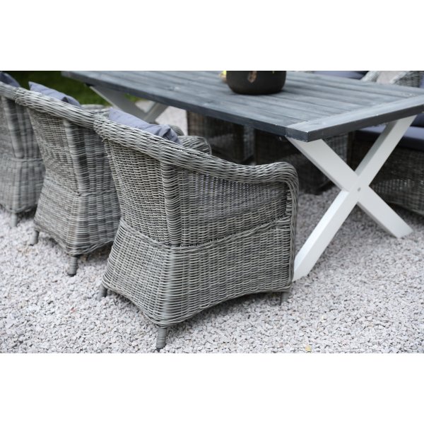 Oxfordin ulkoruokailuryhm; harmaa/valkoinen pyt 220 cm sis. 6 Mercury-nojatuolit harmaa synteettinen rottinki