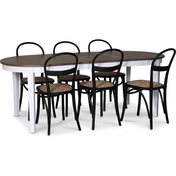 Skagen elintarvikeryhm; ruokapyt 160/210x90 cm - Valkoinen/ruskea ljytty tammi ja 6 Danderyd No.16 tuolia Musta