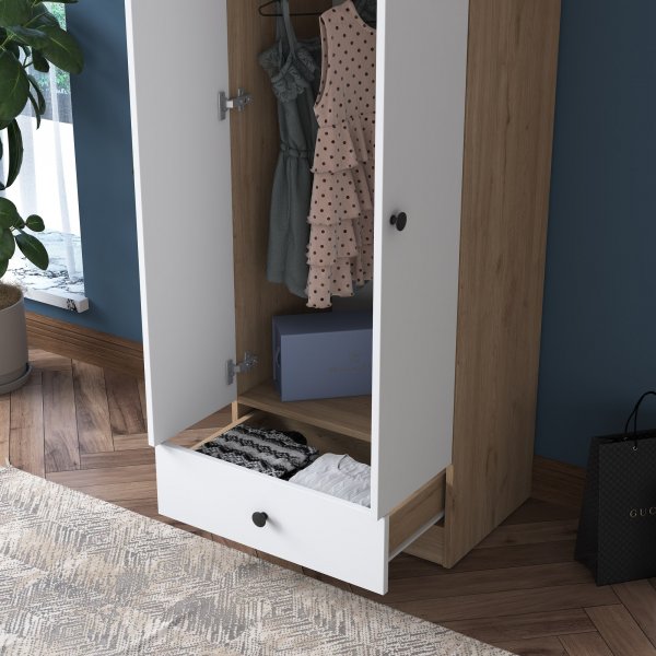 Muodikas vaatekaappi laatikolla 60 cm - Pähkinä/valkoinen Muodikas vaatekaappi laatikolla 60 cm - Pähkinä/valkoinen