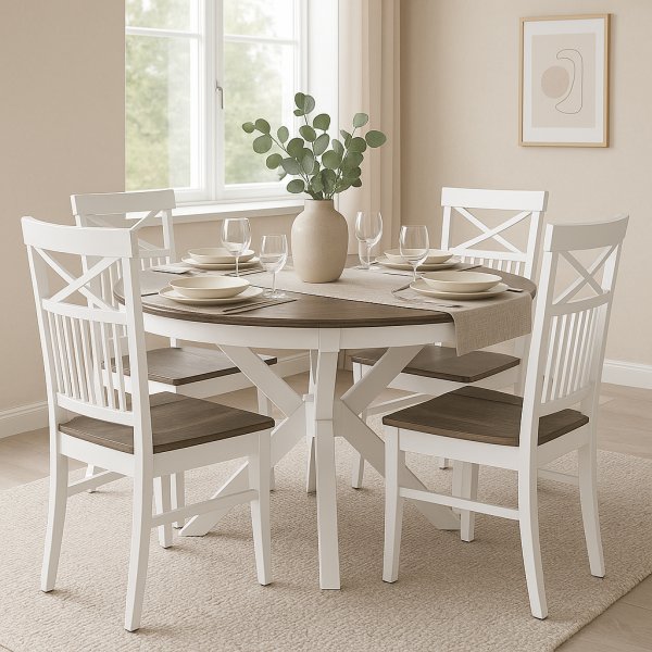 Skagen elintarvikeryhmä; pyöreä ruokapöytä Ø120 cm - Valkoinen/ruskea öljytty tammi ja 4 Skagen-tuolia (Risti takana) ruskealla + 3.00 x Huonekalujen jalat Skagen elintarvikeryhmä; pyöreä ruokapöytä Ø120 cm - Valkoinen/ruskea öljytty tammi ja 4 Skagen-tuolia (Risti takana) ruskealla + 3.00 x Huonekalujen jalat