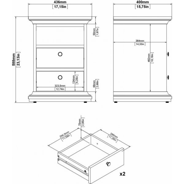 Parisin kapea yöpöytä, jossa 2 laatikkoa ja 1 avoin lokero - Valkoinen Parisin kapea yöpöytä, jossa 2 laatikkoa ja 1 avoin lokero - Valkoinen