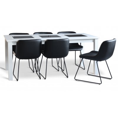 Graniitti ruokailuryhm; Pyt 180x90 cm valkoinen ja 6 Texas ruokapydn tuolia musta PU
