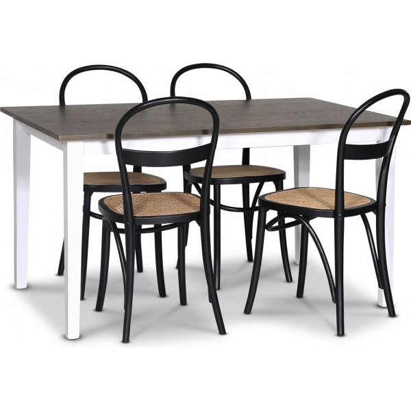 Skagen elintarvikeryhm; ruokapyt 140 cm - Valkoiseksi/ruskeaksi petsattu tammi ja 4 Danderyd No.16 ruokapydn tuolia Musta
