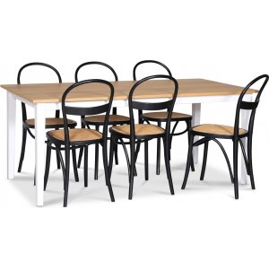 Ruokailuryhmä; pöytä 180x90 cm - valkoinen / öljytty tammi ja 6 tuolia Ruokailuryhmä; pöytä 180x90 cm - valkoinen / öljytty tammi ja 6 tuolia