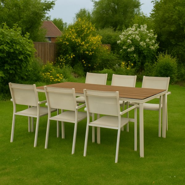 Ruokailuryhm; 6 tuolia ja ruokapyt 205 x 90 cm beige - Copacabana