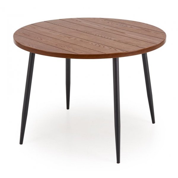 Dana-ruokapöytä Ø105 cm pähkinäpuuta ja 4 Alfred-ruokatuolia beigenvärisestä samettista ja pähkinäpuusta Dana-ruokapöytä Ø105 cm pähkinäpuuta ja 4 Alfred-ruokatuolia beigenvärisestä samettista ja pähkinäpuusta