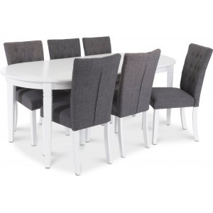 Sandhamn Food Group; Soikea pöytä ja 6 Crocket-tuolia harmaata kangasta Sandhamn Food Group; Soikea pöytä ja 6 Crocket-tuolia harmaata kangasta