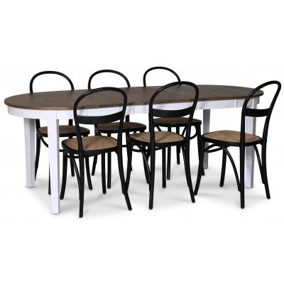 Skagen elintarvikeryhmä; ruokapöytä 160/210x90 cm - Valkoinen/ruskea öljytty tammi ja 6 Danderyd No.16 tuolia Musta