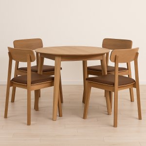 Ruokailuryhmä Genova 90-130x90 cm öljyttyä tammea, 4 Kleppen-tuolia tammea ja ruskeaa polyuretaania Ruokailuryhmä Genova 90-130x90 cm öljyttyä tammea, 4 Kleppen-tuolia tammea ja ruskeaa polyuretaania