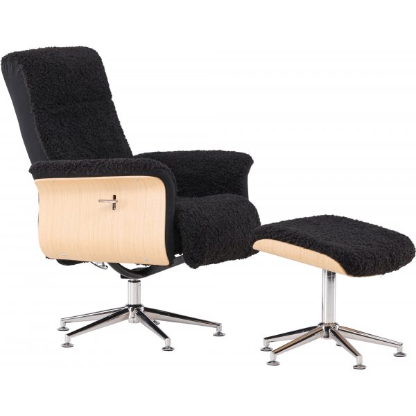 Hagön lepotuoli jalkarahilla - Musta lampaannahkajäljitelmä/öljytty tammi + Huonekalujen puhdistus Hagön lepotuoli jalkarahilla - Musta lampaannahkajäljitelmä/öljytty tammi + Huonekalujen puhdistus