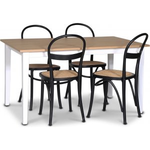 Ruokailuryhmä; ruokapöytä 140x90 cm - Valkoinen / öljytty tammi ja 4 mustaa tuolia Ruokailuryhmä; ruokapöytä 140x90 cm - Valkoinen / öljytty tammi ja 4 mustaa tuolia