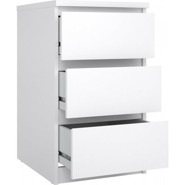 Kapea lipasto, jossa 3 laatikkoa, korkeus 70 cm ja leveys 40,5 cm