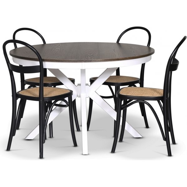 Skagen elintarvikeryhm; pyre ruokapyt 120 cm - Valkoiseksi/ruskeaksi petsattu tammi ja 4 Danderyd No.16 tuolia Musta