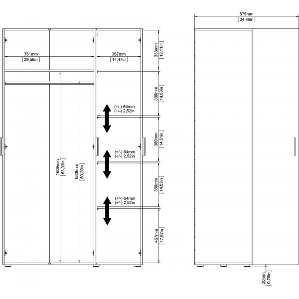 Pepe vaatekaappi 3 ovella - tammi/valkoinen Pepe vaatekaappi 3 ovella - tammi/valkoinen