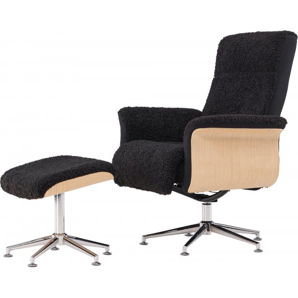 Hagön lepotuoli jalkarahilla - Musta lampaannahkajäljitelmä/öljytty tammi + Huonekalujen puhdistus Hagön lepotuoli jalkarahilla - Musta lampaannahkajäljitelmä/öljytty tammi + Huonekalujen puhdistus