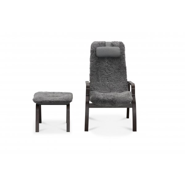 Nojatuoli jalkarahilla aitoa lampaannahkaa, savunharmaata - Frank