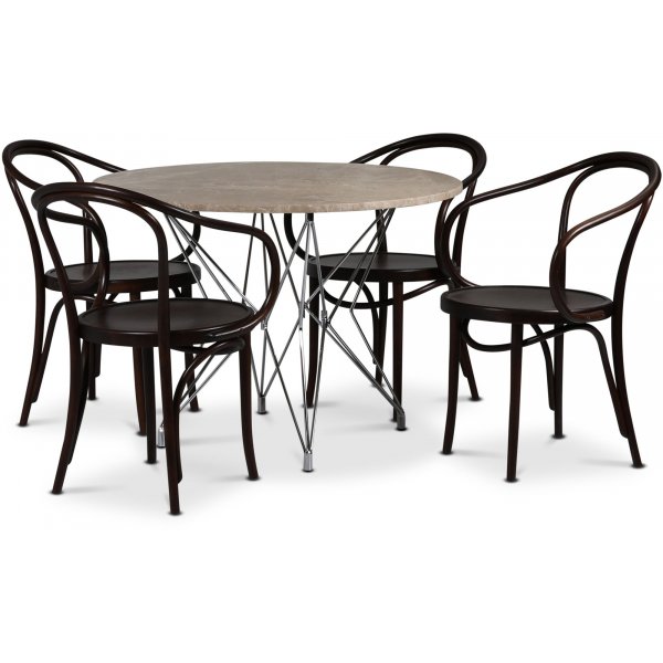 Elintarhan ruokailuryhm 105 cm sis. 4 taivutettua puurunkoista tuolia No30 Classic - Kromi / beige Empradore