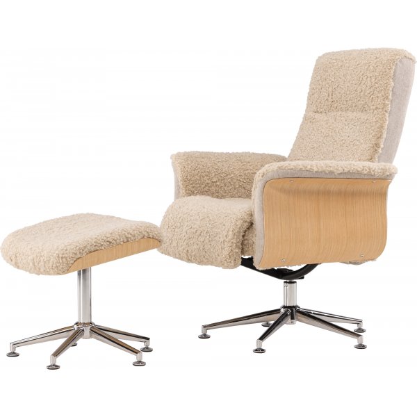 Nojatuoli jalkarahilla - Beige lampaannahkajäljitelmä/öljytty tammi + Huonekalujen puhdistus Nojatuoli jalkarahilla - Beige lampaannahkajäljitelmä/öljytty tammi + Huonekalujen puhdistus