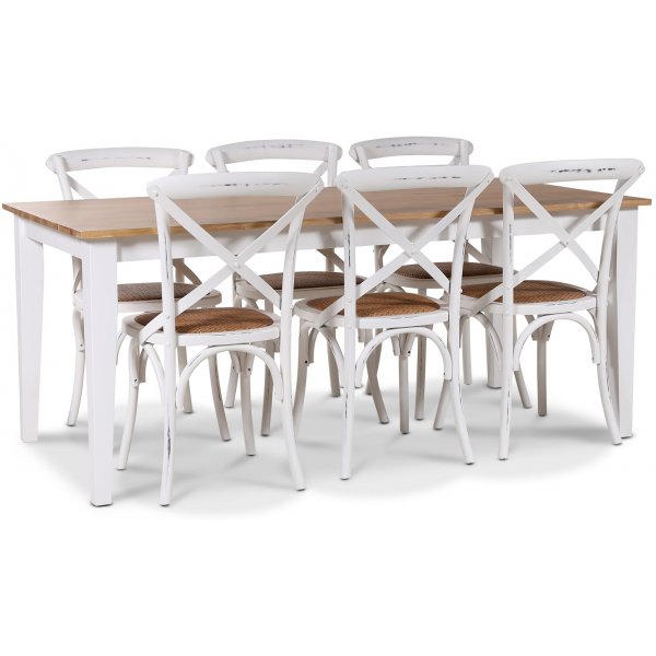 Dalarö-ruokailuryhmä 180 cm pöytä valkoinen/tammi + 6 kpl valkoista Gaston-ruokatuolia + 6.00 x Tuolin tyyny Dalarö-ruokailuryhmä 180 cm pöytä valkoinen/tammi + 6 kpl valkoista Gaston-ruokatuolia + 6.00 x Tuolin tyyny