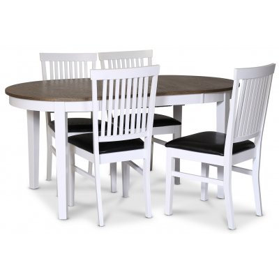 Skagen elintarvikeryhmä; ruokapöytä 160/210x90 cm - Valkoinen/ruskea öljytty tammi ja 4 Fårö-tuolia PU-istuimella