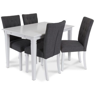 Sandhamn ruokailuryhm 120 cm pyt ja 4 Crocket-tuolia harmaata kangasta + Huonekalujen tahranpoistoaine