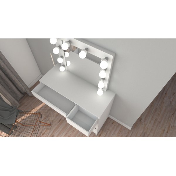 Turhamainen valkoinen peilipöytä valaistuksella Turhamainen valkoinen peilipöytä valaistuksella