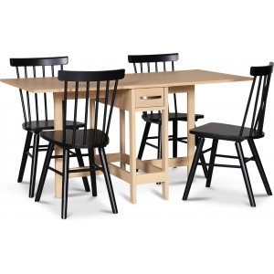 Fr ruokaryhm; Fr Whitewash-taittopyt ja 4 mustaa Orust-ruoko-tuolia