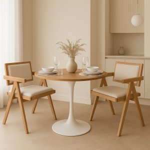 Ruokailuryhmä Sumner Ø80 cm tammi/valkoinen, 2 Sara-nojatuolia tammi- ja pellavavärillä Ruokailuryhmä Sumner Ø80 cm tammi/valkoinen, 2 Sara-nojatuolia tammi- ja pellavavärillä