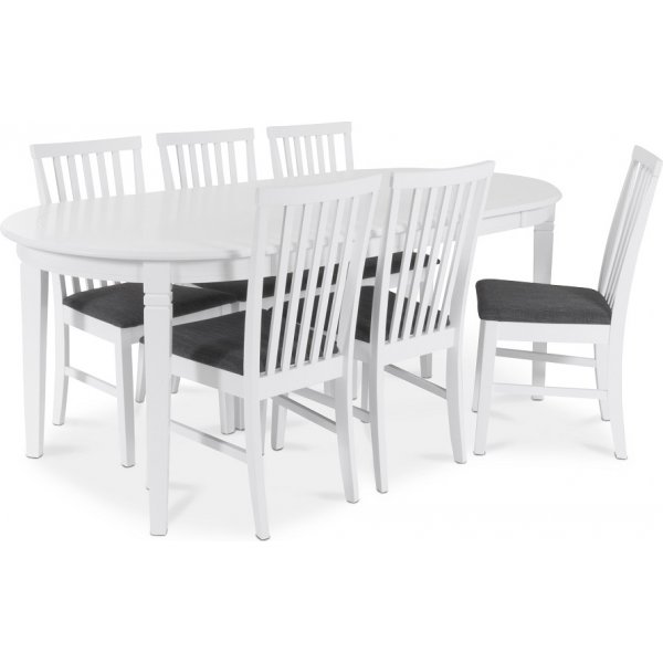 Sandhamn Food Group; soikea pyt ja 6 Sandhamn-tuolia harmaata kangasta