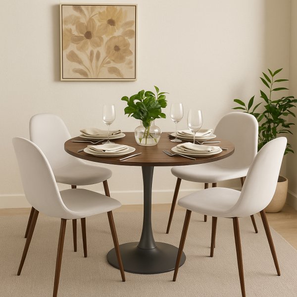 Olmo-ruokapöytä Ø 90 cm pähkinäpuuta/mustaa, ja 4 Alfred-ruokatuolia beigenvärisestä samettista ja pähkinäpuun jaloista Olmo-ruokapöytä Ø 90 cm pähkinäpuuta/mustaa, ja 4 Alfred-ruokatuolia beigenvärisestä samettista ja pähkinäpuun jaloista