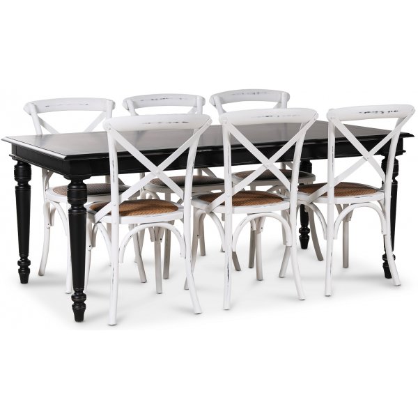 Paris-ruokailuryhm� 180 cm musta p�yt� + 6 kpl valkoista Gaston-ruokatuolia