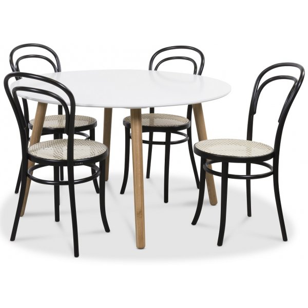 Rosvik-ruokaryhm, pyre pyt valkoinen/tammi + 4kpl mustaa Thonet No14 -tuolia