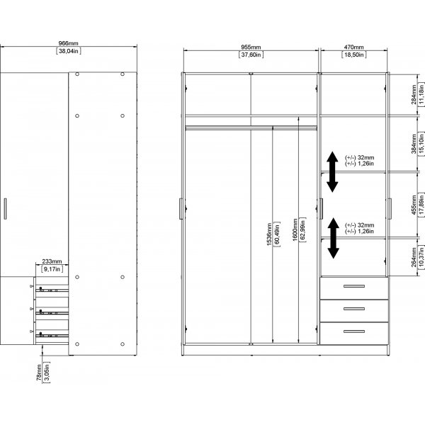 Sprint-vaatekaappi, 3 ovea ja 3 laatikkoa - Hickory Sprint-vaatekaappi, 3 ovea ja 3 laatikkoa - Hickory