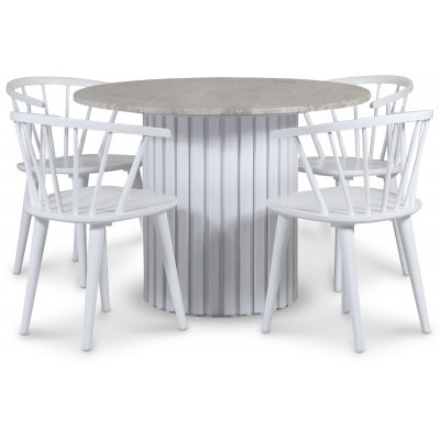 Empire ruokailuryhm 105 cm sis. 4 Dalsland valkoista tuolia - Silver Diana marmori / Valkoinen slepuinen jalusta