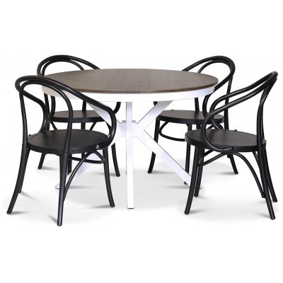 Skagen elintarvikeryhmä; pyöreä ruokapöytä 120 cm - Valkoiseksi/ruskeaksi petsattu tammi ja 4 Danderyd No.30 tuolia Musta