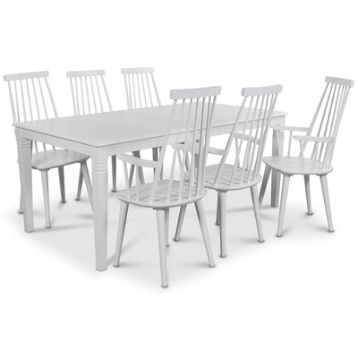 Mellby ruokailuryhm 180 cm pyt ja 6 valkoista Dalsland Cane -tuolia ksinojilla